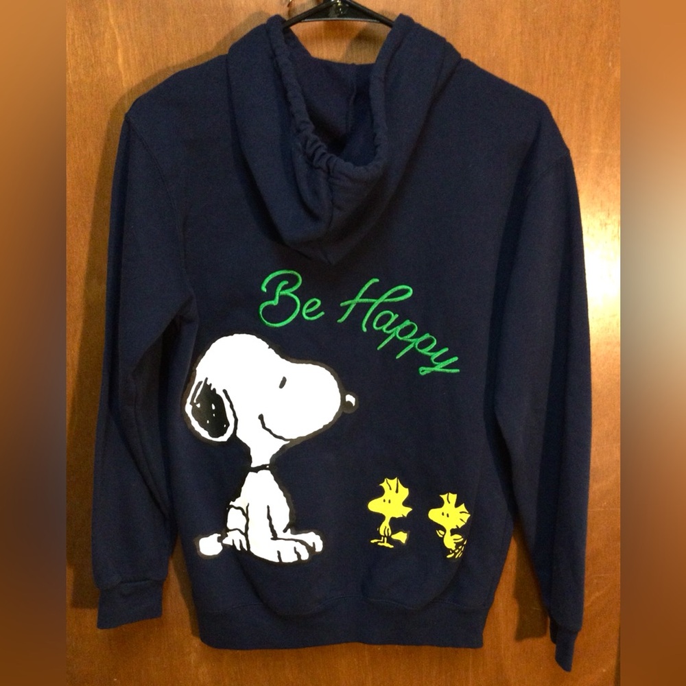 Womens Peanuts Snoopy & Woodstock Be Happy Hoodie XS Navy Pullover Fleece